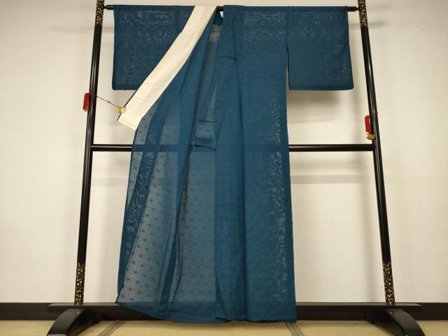 平和屋着物＊夏物 色無地 麻の葉紋紗 高麗納戸色 正絹 逸品 AABA2881jd