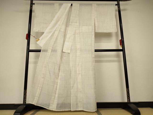 平和屋着物＊夏物　小千谷ちぢみ　格子　麻　逸品　AABA2891jd