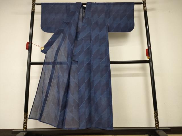 平和屋着物＊夏物　小千谷ちぢみ　菱文　証紙付き　麻　逸品　AABA2920jd