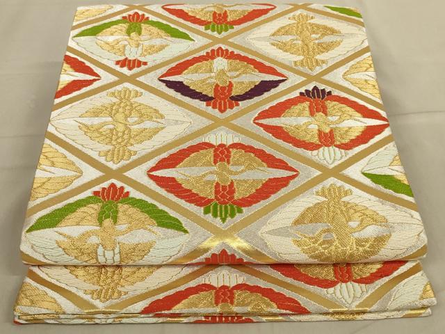 平和屋着物◎全通柄袋帯　唐織　双鶴文　金糸　正絹　逸品　AABA3269ou