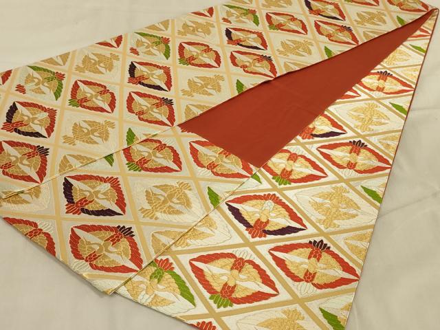 平和屋着物◎全通柄袋帯　唐織　双鶴文　金糸　正絹　逸品　AABA3269ou