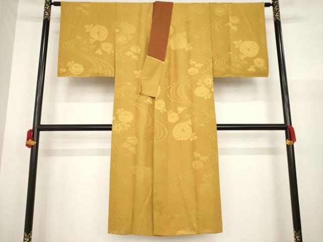 平和屋着物●長襦袢 袷 流水花地紋 狐色 広衿仕立て 正絹 逸品 AABA3295ck