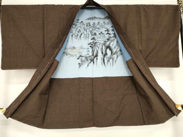 平和屋着物●男性　結城紬　アンサンブル　色無地　赤墨色　正絹　逸品　未使用　AABA3301ck