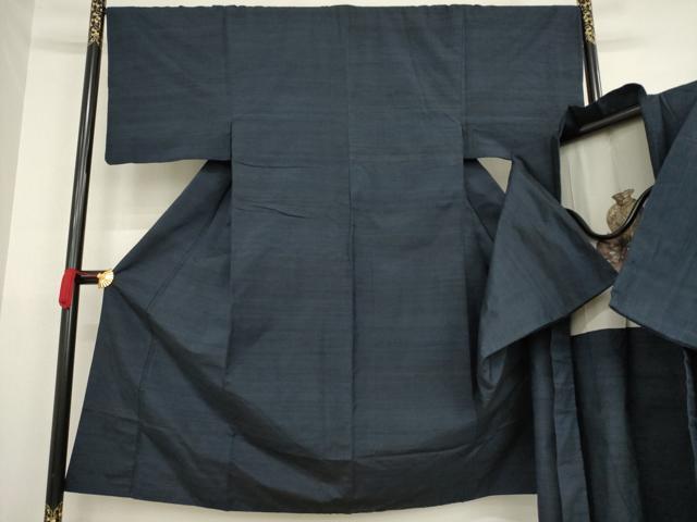 平和屋着物●男性 紬 アンサンブル 色無地 青褐色 正絹 逸品 AABA3305ck