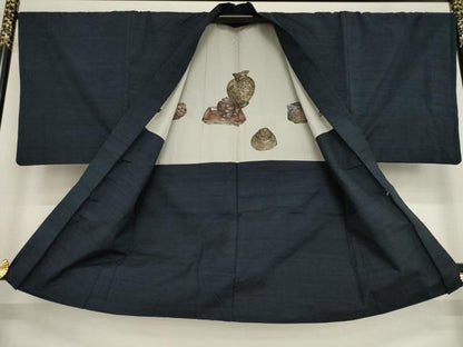平和屋着物●男性 紬 アンサンブル 色無地 青褐色 正絹 逸品 AABA3305ck