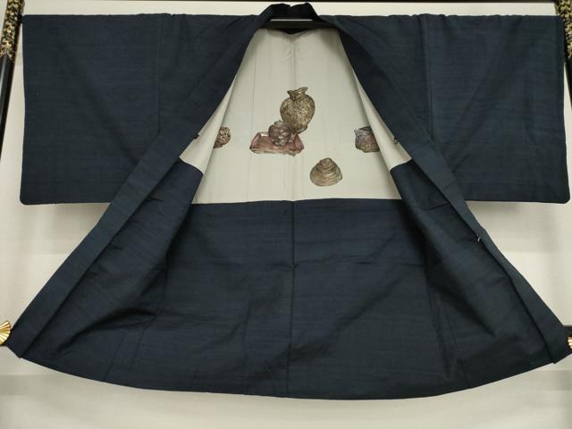 平和屋着物●男性 紬 アンサンブル 色無地 青褐色 正絹 逸品 AABA3305ck