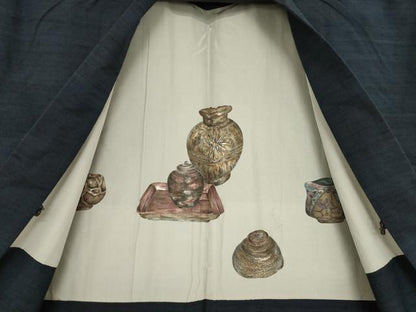 平和屋着物●男性 紬 アンサンブル 色無地 青褐色 正絹 逸品 AABA3305ck