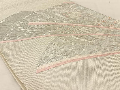 平和屋着物◎六通柄袋帯 唐織 孔雀羽文 銀糸 正絹 逸品 AABA3690tn