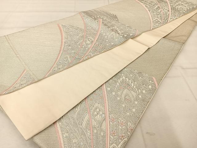 平和屋着物◎六通柄袋帯 唐織 孔雀羽文 銀糸 正絹 逸品 AABA3690tn