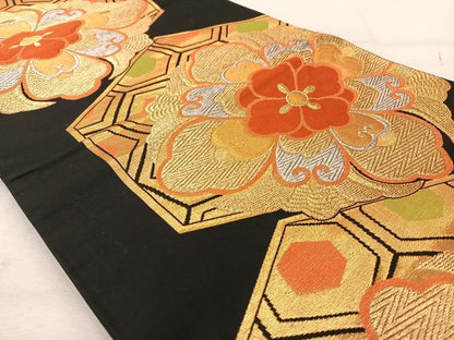 平和屋着物◎六通柄袋帯 唐織 亀甲花文 黒地 金銀糸 正絹 逸品 AABA3712tn