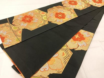 平和屋着物◎六通柄袋帯 唐織 亀甲花文 黒地 金銀糸 正絹 逸品 AABA3712tn