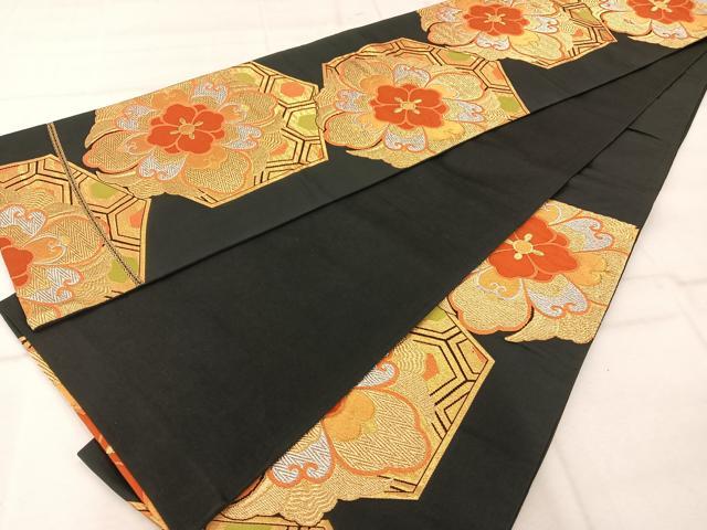 平和屋着物◎六通柄袋帯 唐織 亀甲花文 黒地 金銀糸 正絹 逸品 AABA3712tn