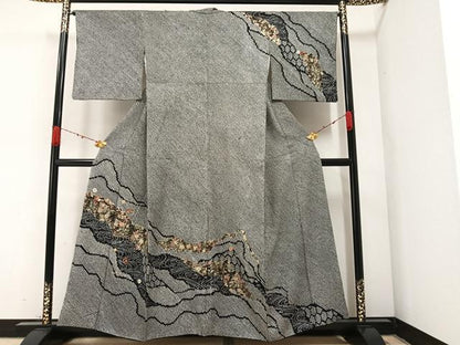 平和屋着物●訪問着　絞り　刺繍　草花文　黒地　金彩　正絹　逸品　AABA3771ph