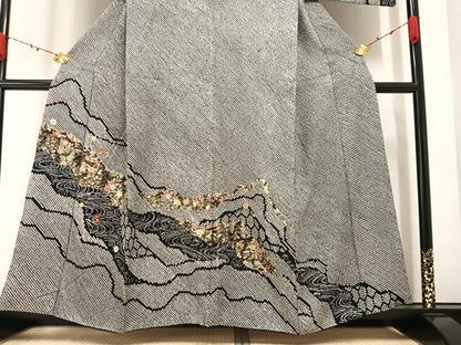 平和屋着物●訪問着　絞り　刺繍　草花文　黒地　金彩　正絹　逸品　AABA3771ph
