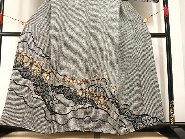 平和屋着物●訪問着　絞り　刺繍　草花文　黒地　金彩　正絹　逸品　AABA3771ph