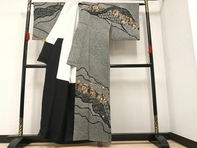 平和屋着物●訪問着　絞り　刺繍　草花文　黒地　金彩　正絹　逸品　AABA3771ph