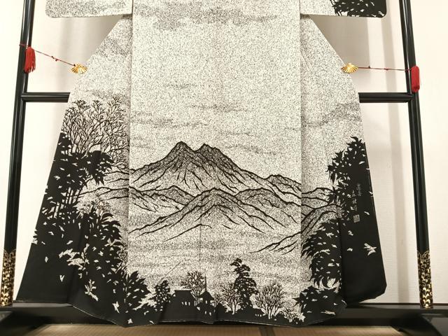 平和屋着物●東京手描友禅　寺澤森秋　訪問着　遠山風景樹林文　金彩　正絹　逸品　AABA3781ph
