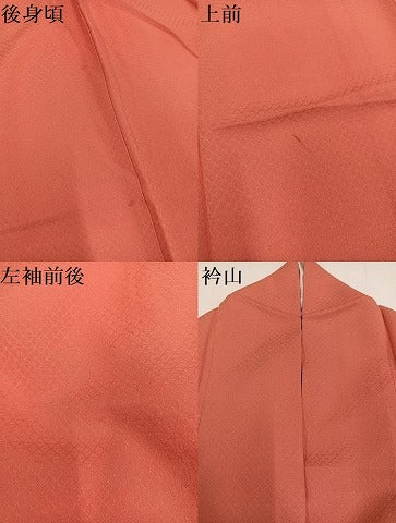 平和屋着物●上質な色無地 作家物 網目地紋 甚三紅色 正絹 逸品 AABA3792ph
