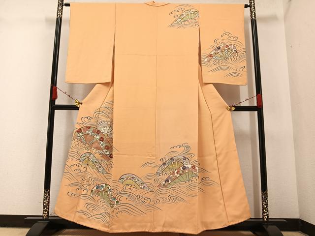 平和屋着物●訪問着 友禅 片輪車花立波文 金彩 正絹 逸品 AABA3818ph