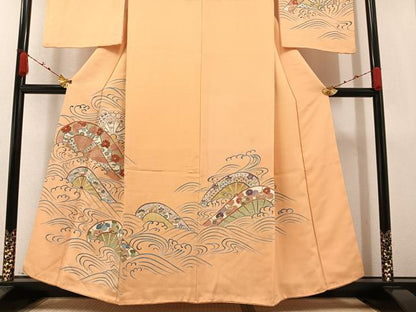 平和屋着物●訪問着 友禅 片輪車花立波文 金彩 正絹 逸品 AABA3818ph