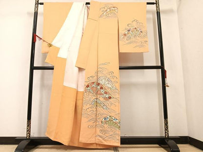 平和屋着物●訪問着 友禅 片輪車花立波文 金彩 正絹 逸品 AABA3818ph