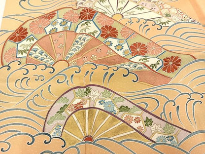 平和屋着物●訪問着 友禅 片輪車花立波文 金彩 正絹 逸品 AABA3818ph