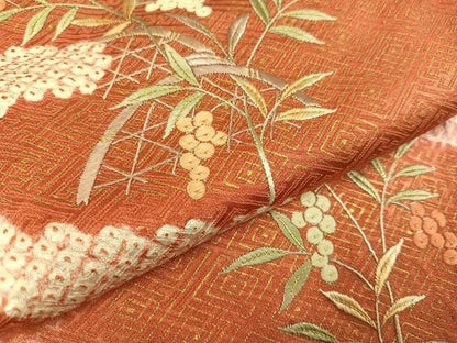 平和屋着物●訪問着　絞り　刺繍　南天文　黒地　金彩　正絹　逸品　AABA3820ph