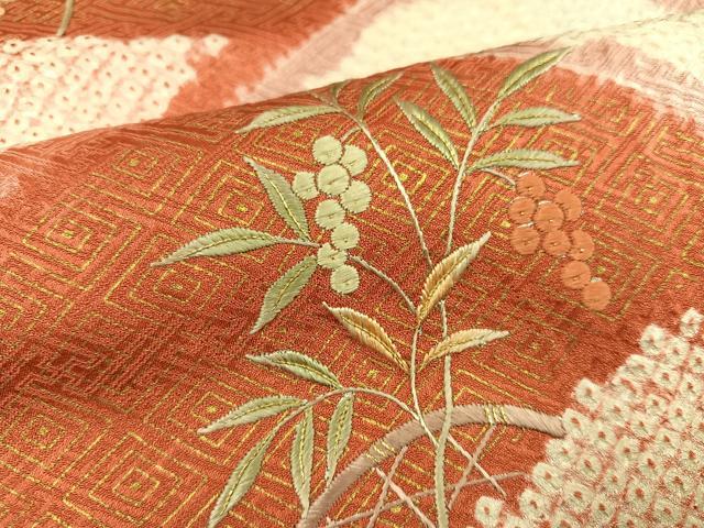 平和屋着物●訪問着　絞り　刺繍　南天文　黒地　金彩　正絹　逸品　AABA3820ph