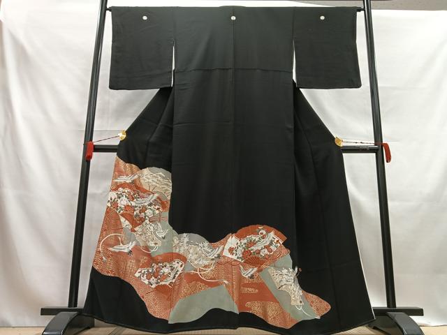 平和屋着物■豪華黒留袖　扇面飛鶴草花文　金彩　正絹　逸品　AABA3974mf