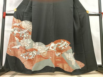 平和屋着物■豪華黒留袖　扇面飛鶴草花文　金彩　正絹　逸品　AABA3974mf