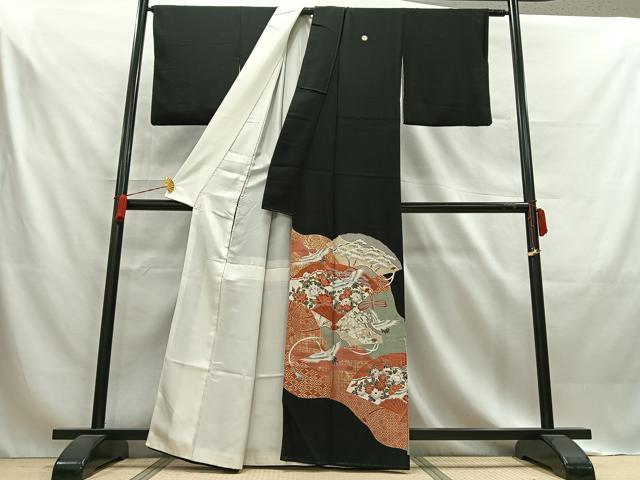 平和屋着物■豪華黒留袖　扇面飛鶴草花文　金彩　正絹　逸品　AABA3974mf