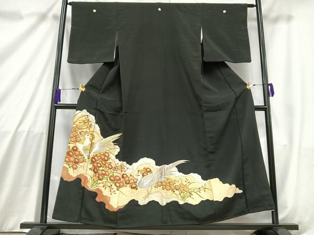 平和屋着物■豪華黒留袖　刺繍　花鳥文　金銀糸　金彩　正絹　逸品　AABA4205mf