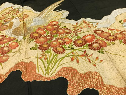 平和屋着物■豪華黒留袖　刺繍　花鳥文　金銀糸　金彩　正絹　逸品　AABA4205mf