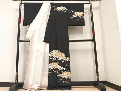 平和屋着物●銀座きしや 訪問着 松竹梅文箱文 黒地 金彩 正絹 逸品 AABA4288ph