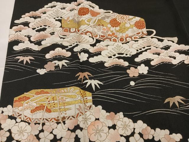 平和屋着物●銀座きしや 訪問着 松竹梅文箱文 黒地 金彩 正絹 逸品 AABA4288ph