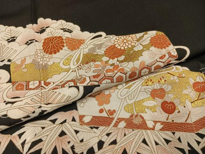 平和屋着物●銀座きしや 訪問着 松竹梅文箱文 黒地 金彩 正絹 逸品 AABA4288ph