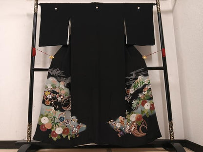 平和屋着物●豪華黒留袖 飛鶴草花文 暈し染め 正絹 逸品 AABA4293ph