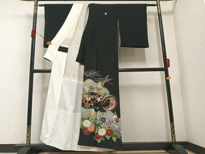 平和屋着物●豪華黒留袖 飛鶴草花文 暈し染め 正絹 逸品 AABA4293ph