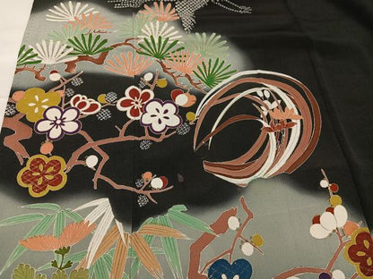 平和屋着物●豪華黒留袖 飛鶴草花文 暈し染め 正絹 逸品 AABA4293ph
