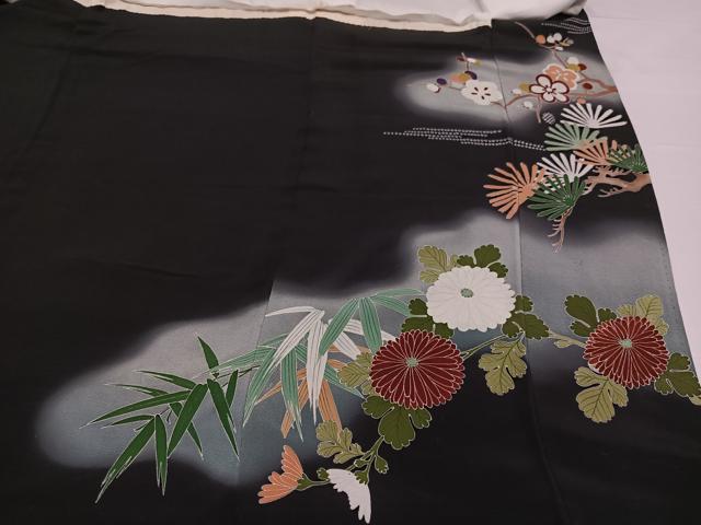 平和屋着物●豪華黒留袖 飛鶴草花文 暈し染め 正絹 逸品 AABA4293ph