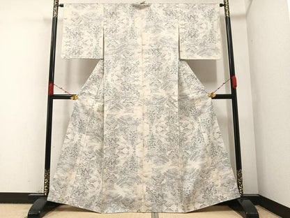 平和屋着物●本場大島紬 白大島 カタス9マルキ 風景樹林文 正絹 逸品 AABA4335ph