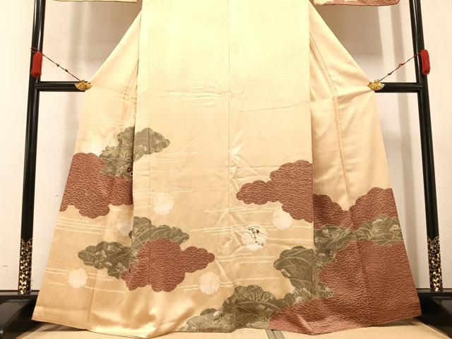 平和屋着物●訪問着 絞り 刺繍 雲重ね草花文 正絹 逸品 AABA4352ph