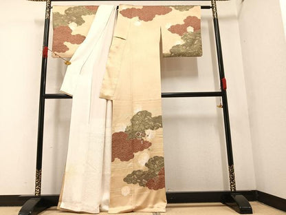 平和屋着物●訪問着 絞り 刺繍 雲重ね草花文 正絹 逸品 AABA4352ph