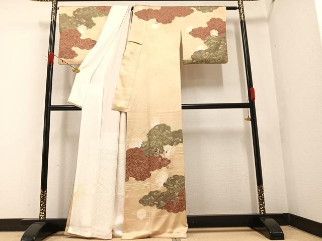 平和屋着物●訪問着 絞り 刺繍 雲重ね草花文 正絹 逸品 AABA4352ph