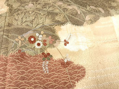 平和屋着物●訪問着 絞り 刺繍 雲重ね草花文 正絹 逸品 AABA4352ph