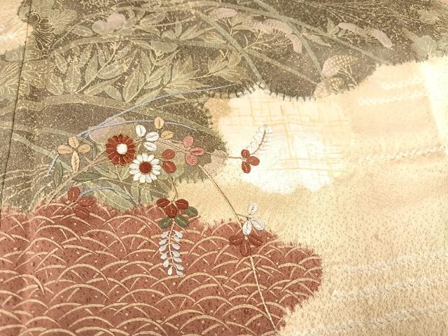 平和屋着物●訪問着 絞り 刺繍 雲重ね草花文 正絹 逸品 AABA4352ph
