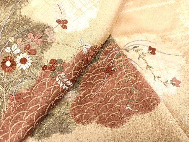 平和屋着物●訪問着 絞り 刺繍 雲重ね草花文 正絹 逸品 AABA4352ph