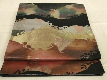 平和屋着物◎六通柄袋帯 風景文 黒地 金糸 正絹 逸品 AABA4380ou