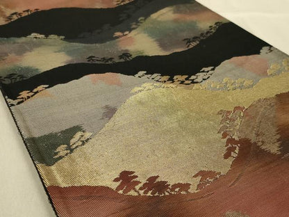 平和屋着物◎六通柄袋帯 風景文 黒地 金糸 正絹 逸品 AABA4380ou