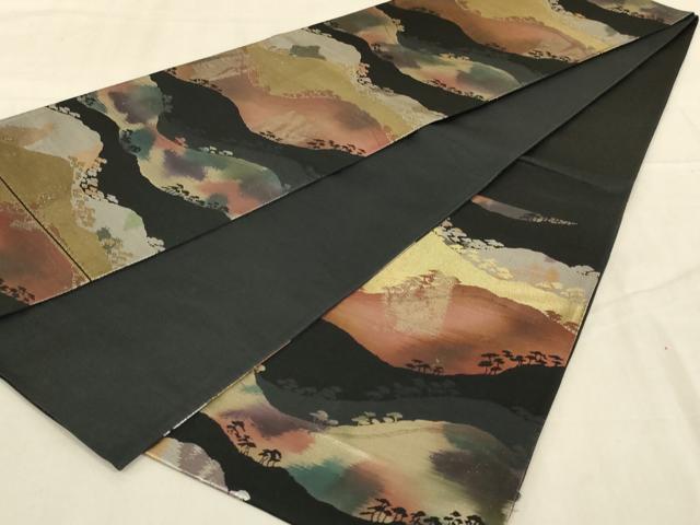 平和屋着物◎六通柄袋帯 風景文 黒地 金糸 正絹 逸品 AABA4380ou